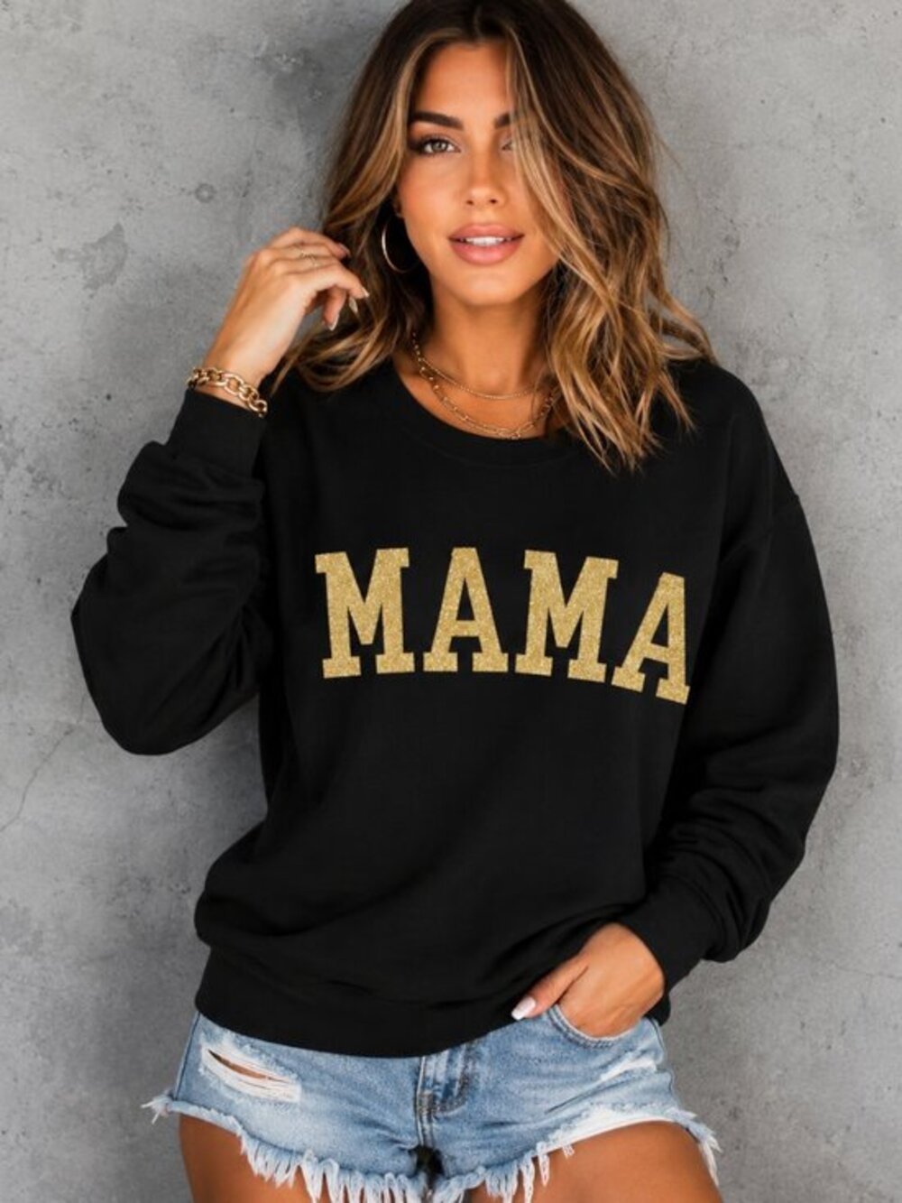 Black MAMA Gold Glitter Crewneck Sweatshirt NWT Large